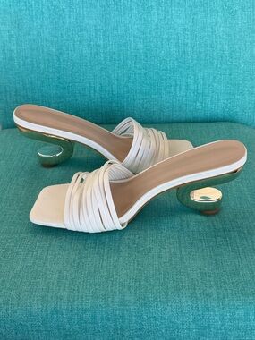 White Strappy Slide Heels with Sculpted Metallic Heel
